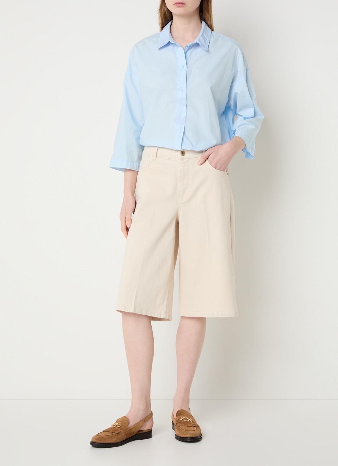 River Woods High waist wide fit korte broek met steekzakken - voorkant 3 creme