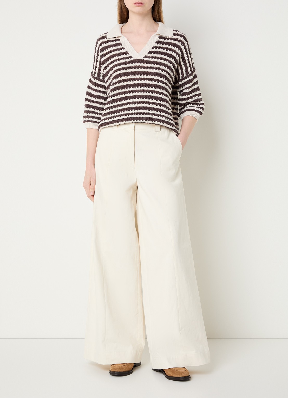 River Woods High waist wide fit palazzo broek met steekzakken - voorkant 3 gebroken wit