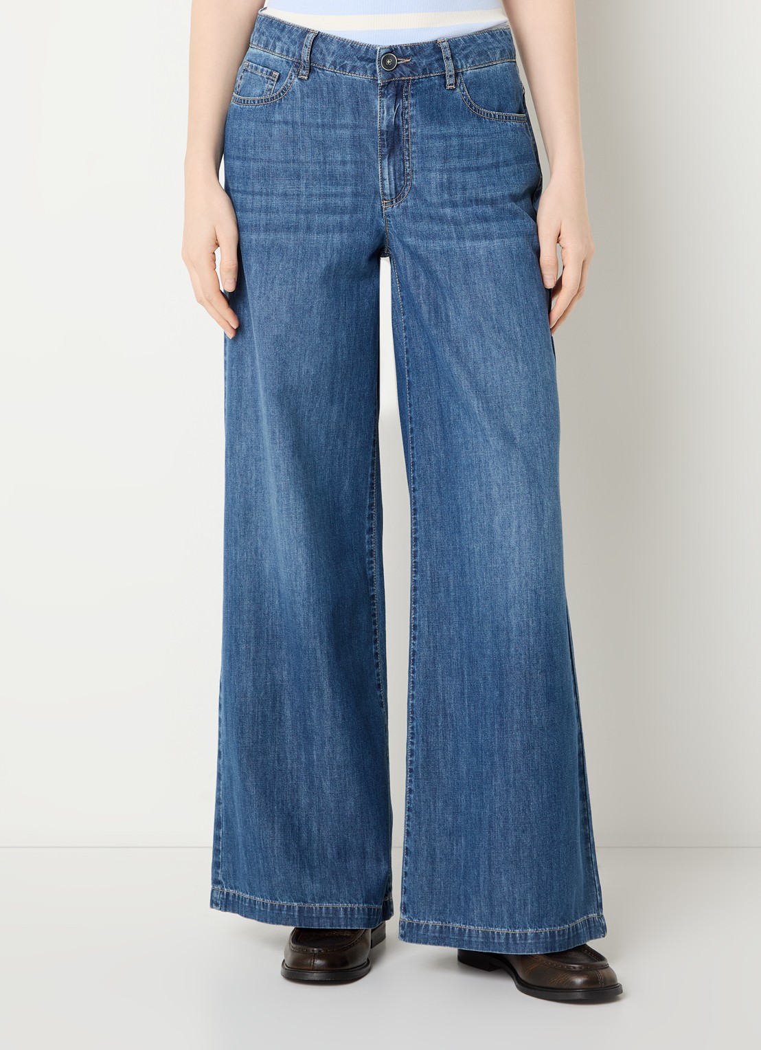 River Woods Mid waist wide fit broek van chambray - detail 4 blauw