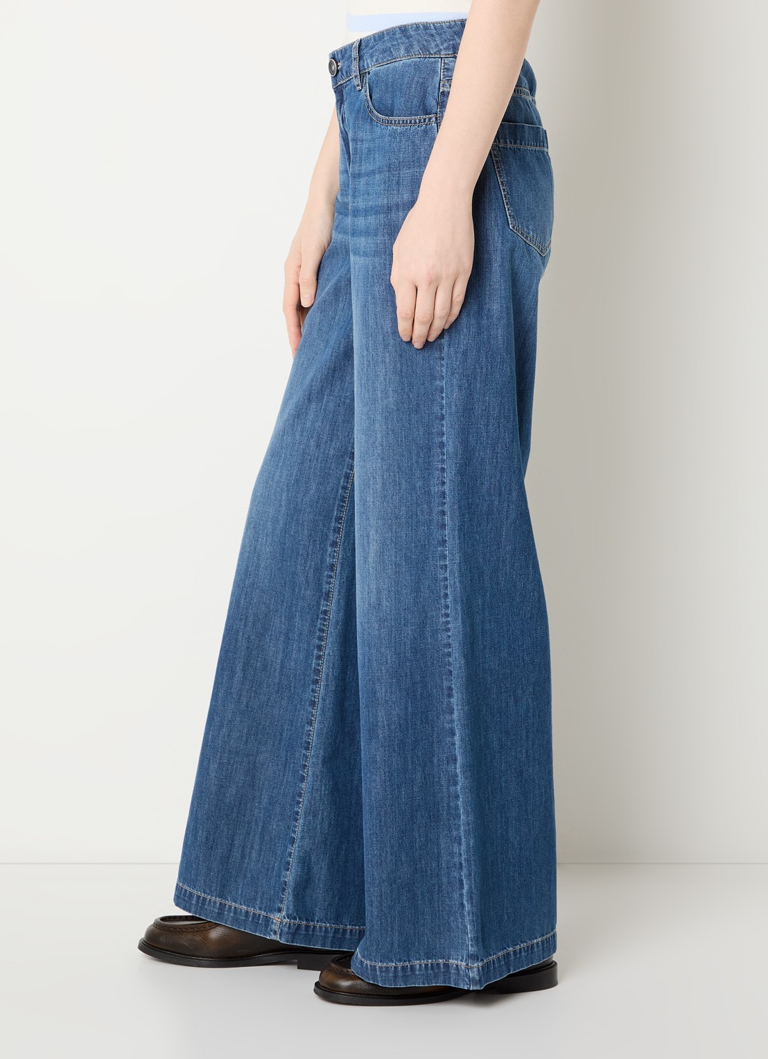 River Woods Mid waist wide fit broek van chambray - detail 5 blauw