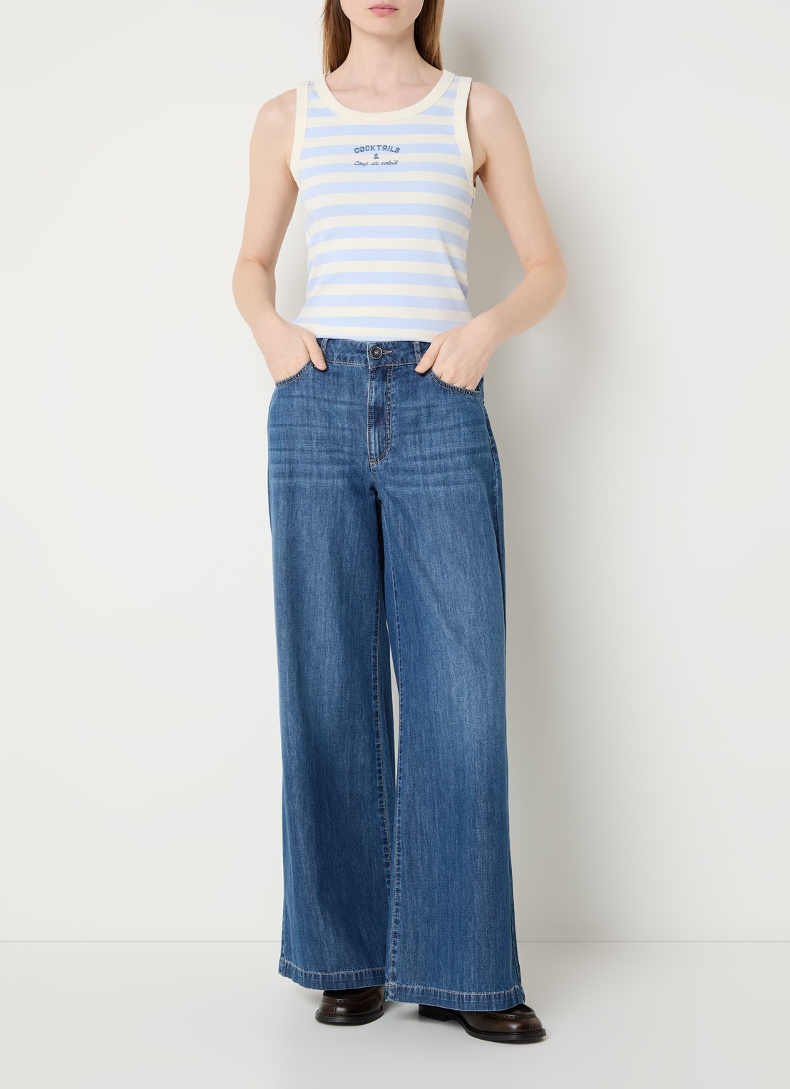 River Woods Mid waist wide fit broek van chambray - voorkant 3 blauw