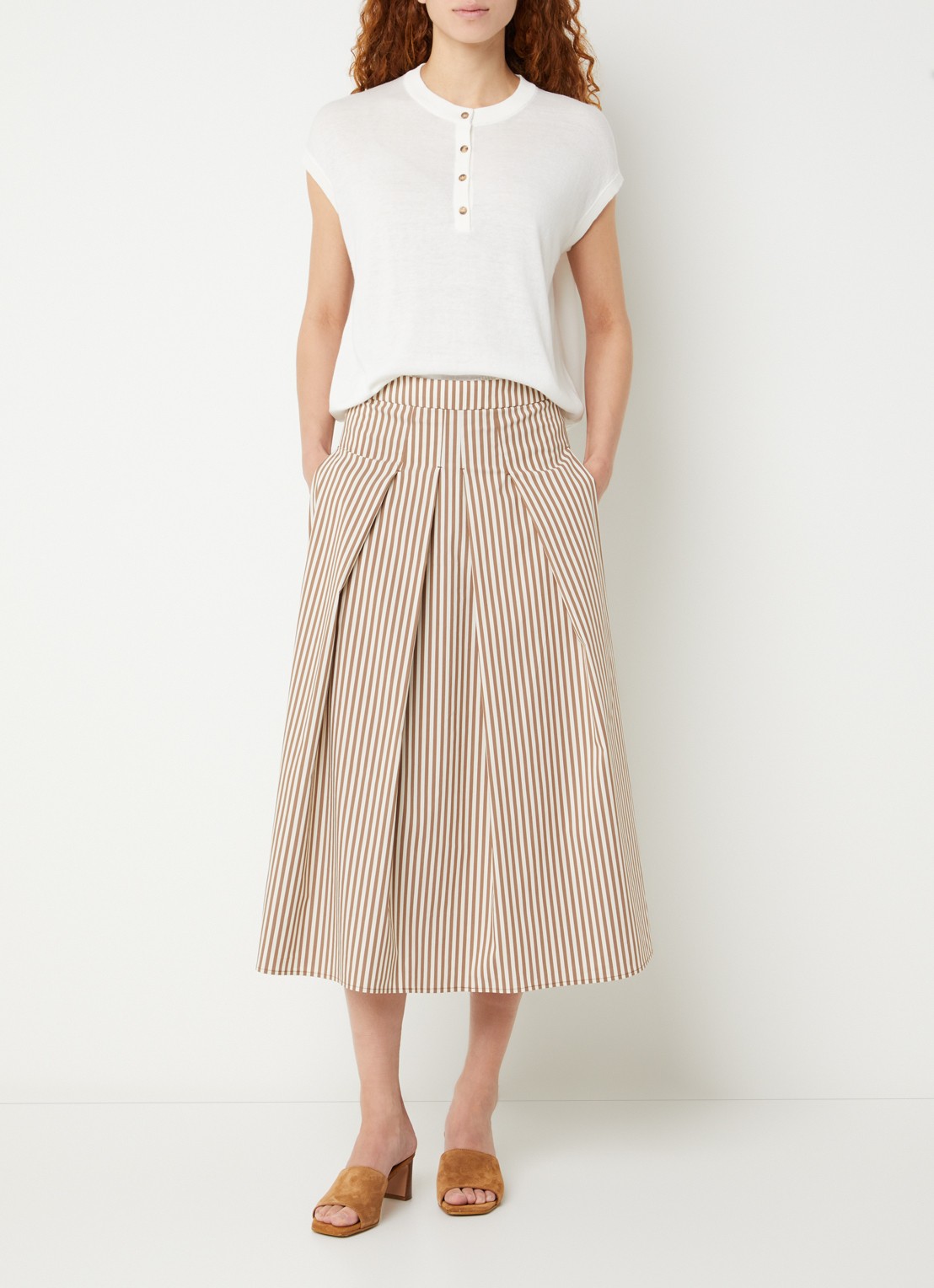 River Woods Midi jurk met streepprint en plooidetail - voorkant 3 lichtbruin