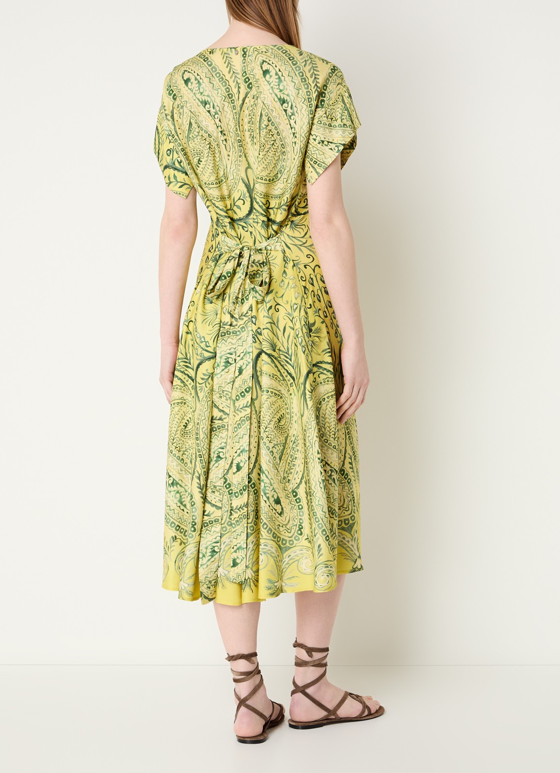 River Woods Midi jurk met strikceintuur en print - achterkant neongeel
