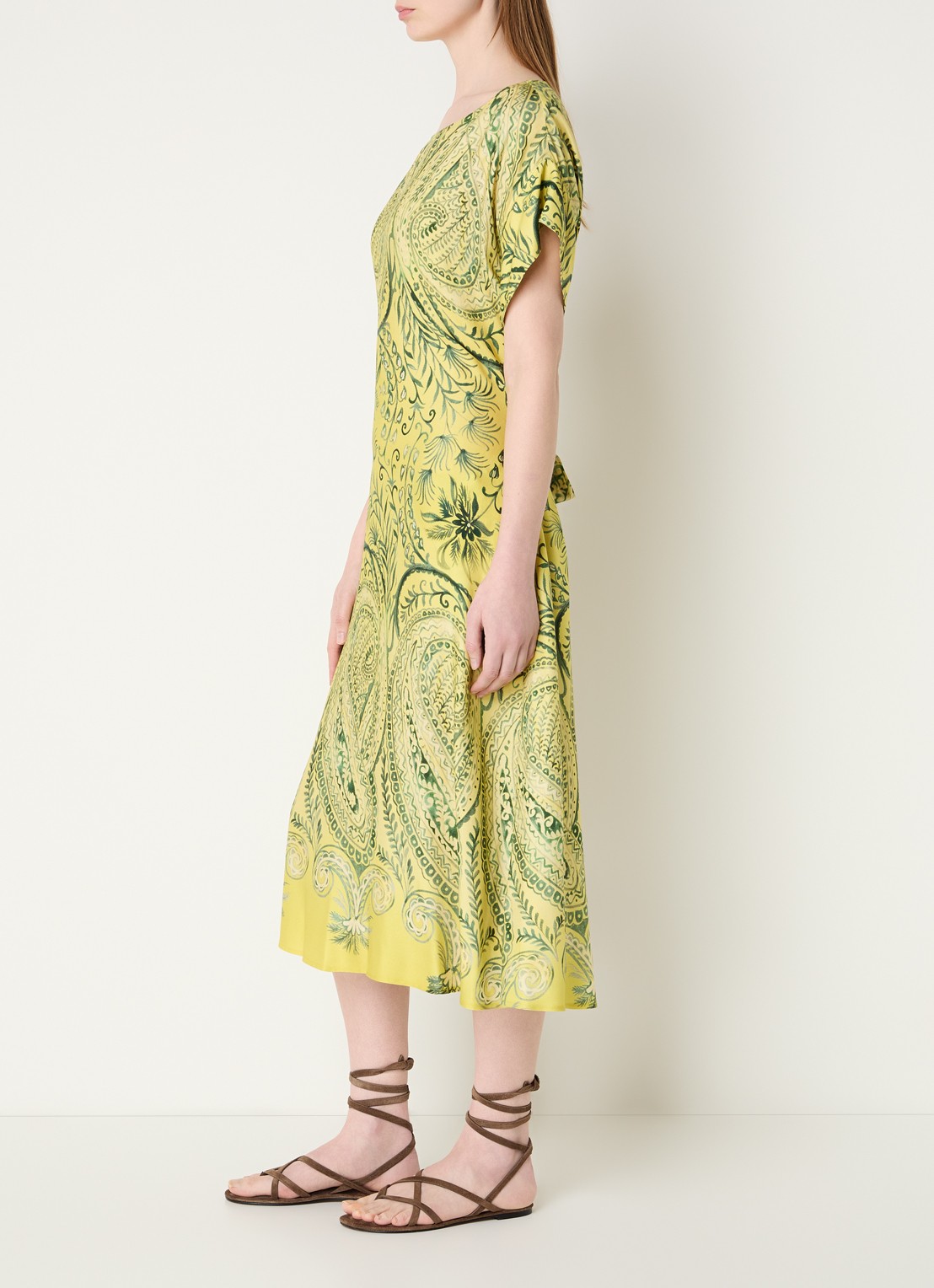 River Woods Midi jurk met strikceintuur en print - voorkant 3 neongeel