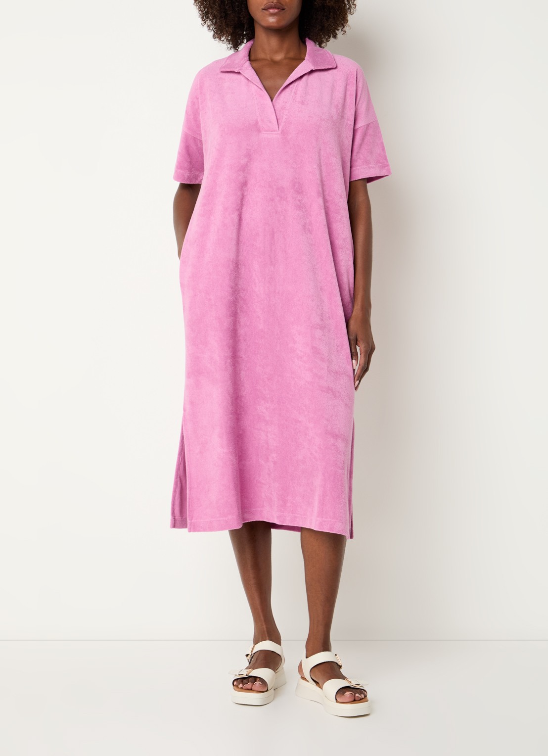 River Woods Midi jurk van badstof met polokraag - detail fuchsia