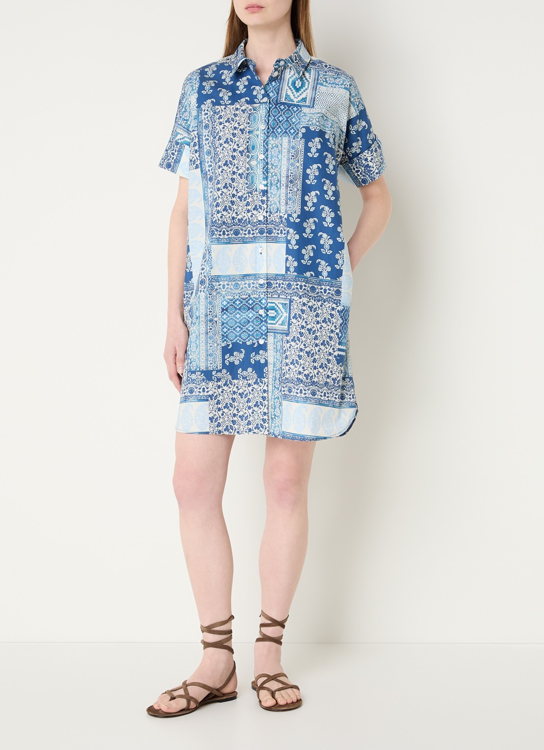 River Woods Mini blouse jurk met print en kraag - voorkant 3 donkerblauw
