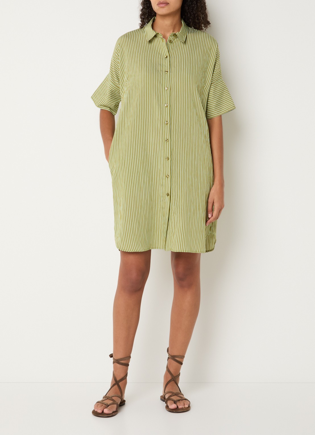 River Woods Mini blousejurk met streepprint en steekzakken - voorkant 4 mosgroen