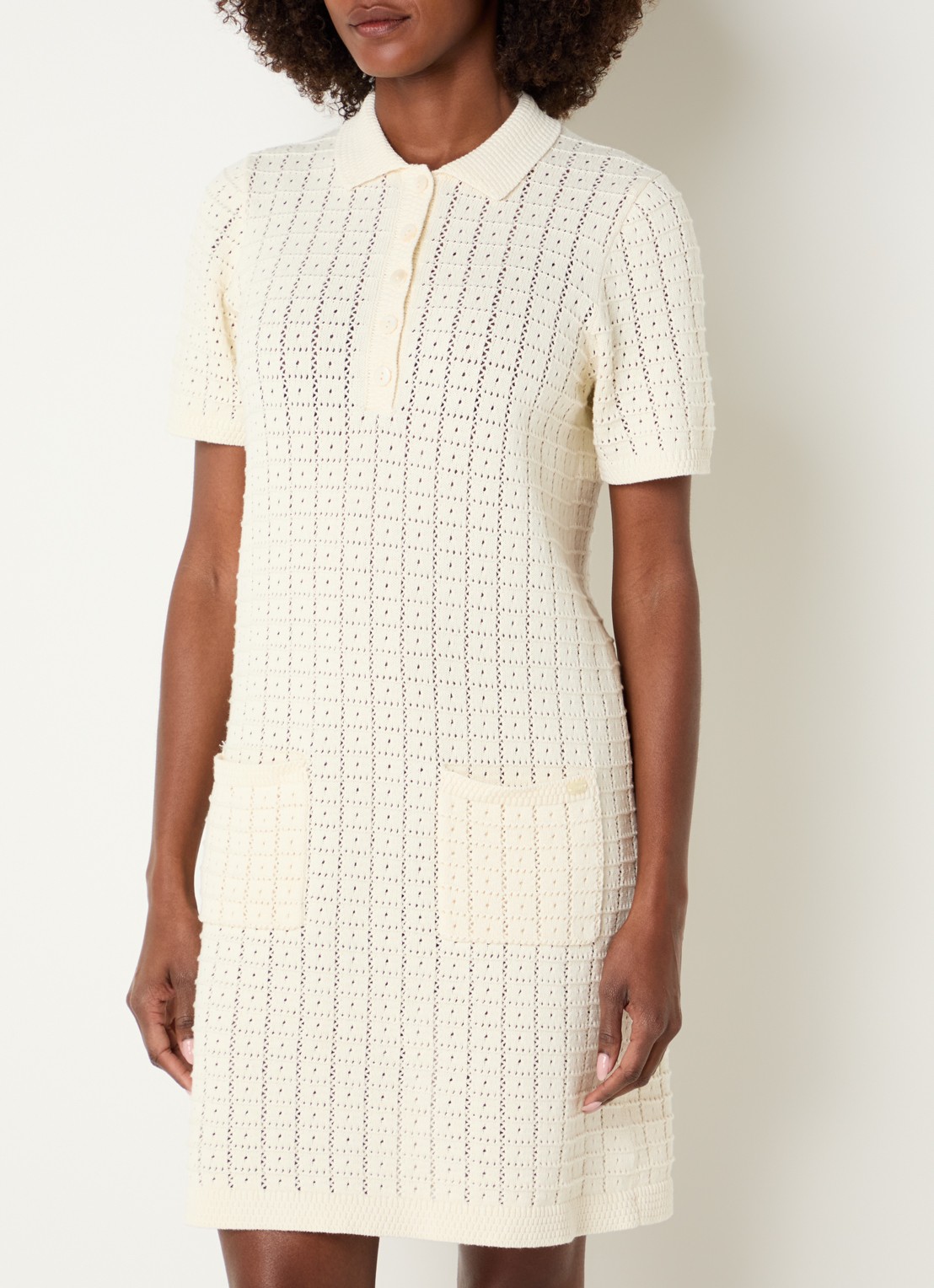 River Woods Mini jurk van crochet met opgestikte zakken - detail gebroken wit