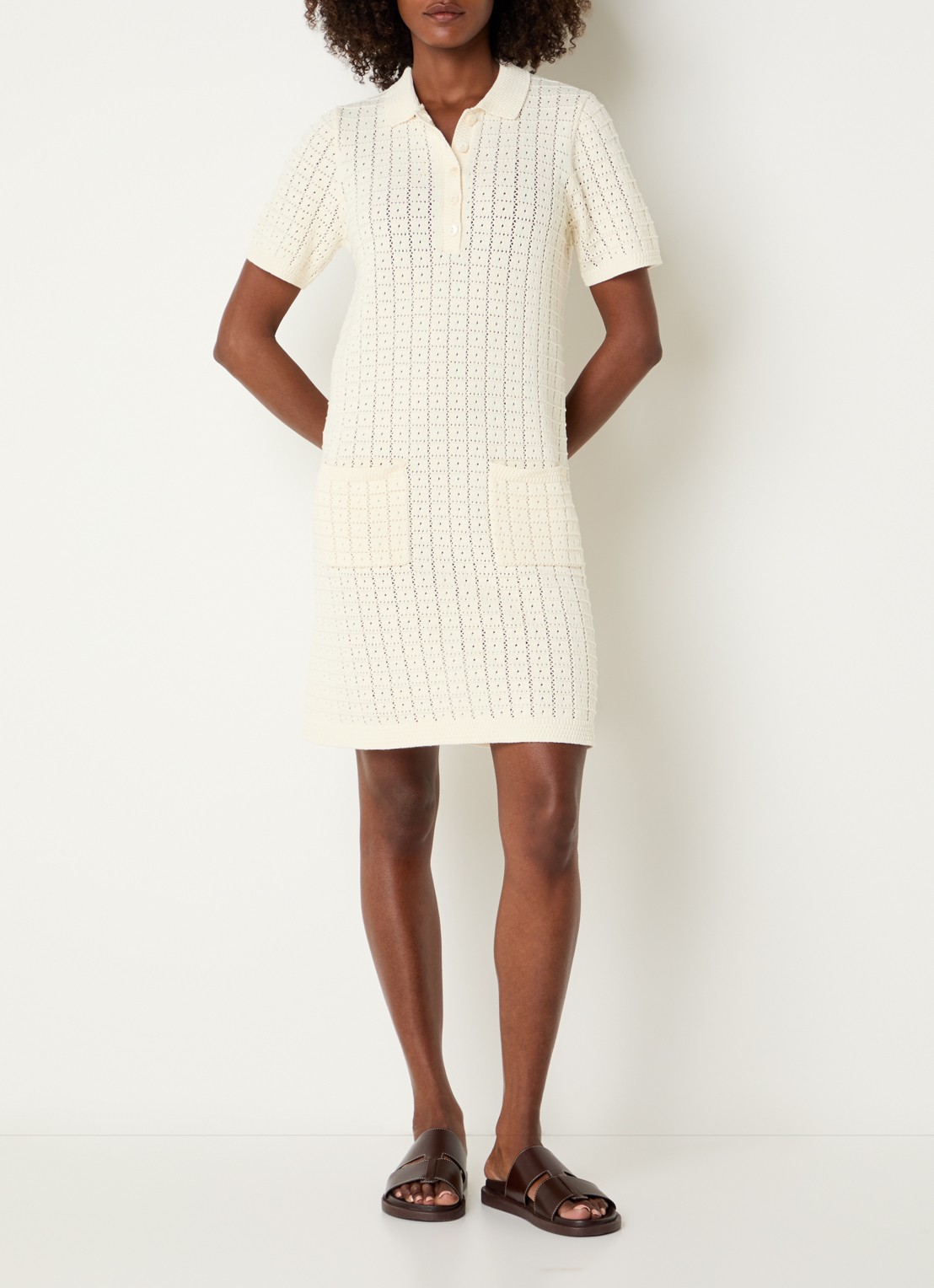 River Woods Mini jurk van crochet met opgestikte zakken - voorkant 4 gebroken wit