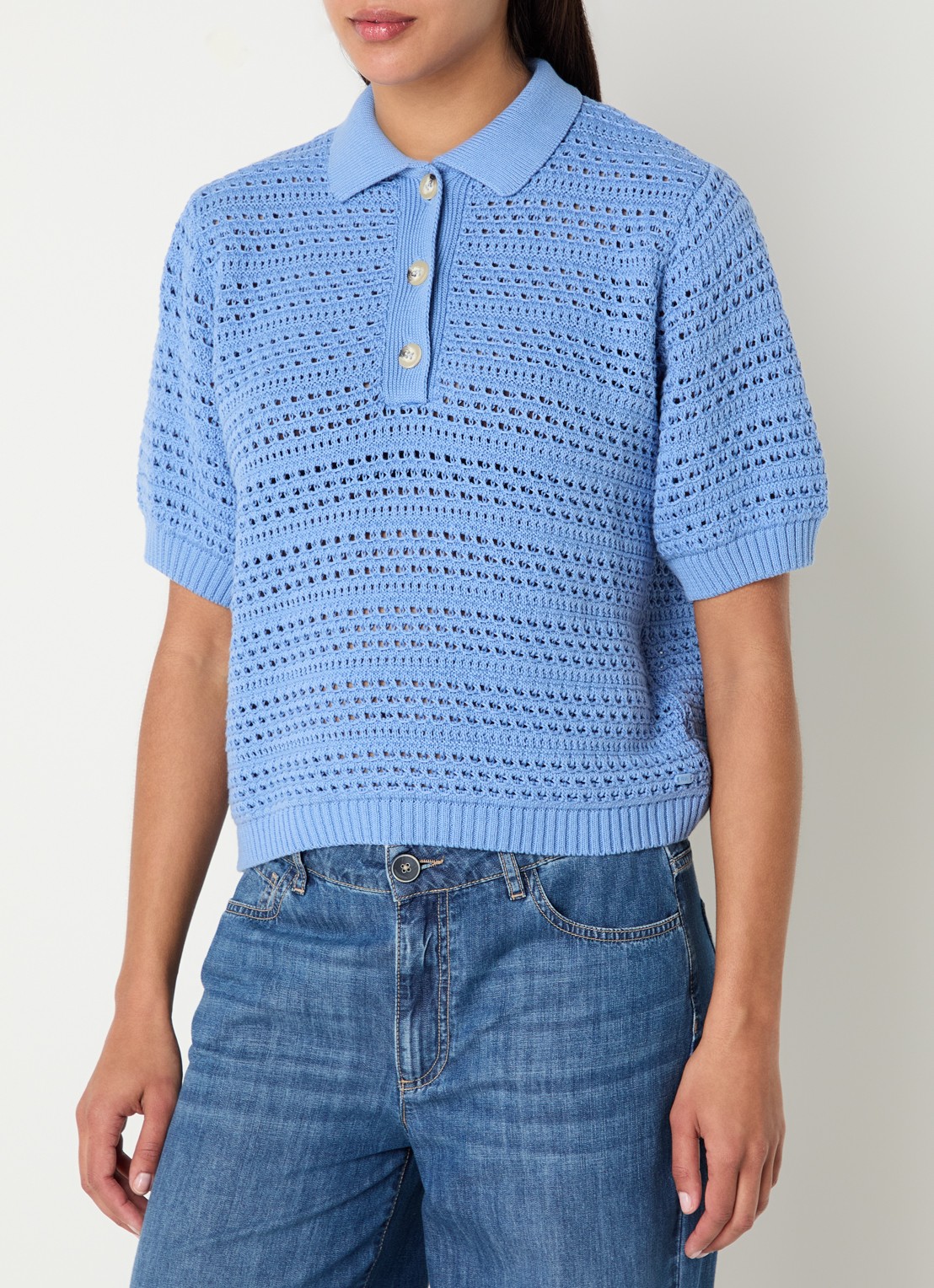 River Woods Polo met opengewerkt dessin - detail blauwgrijs