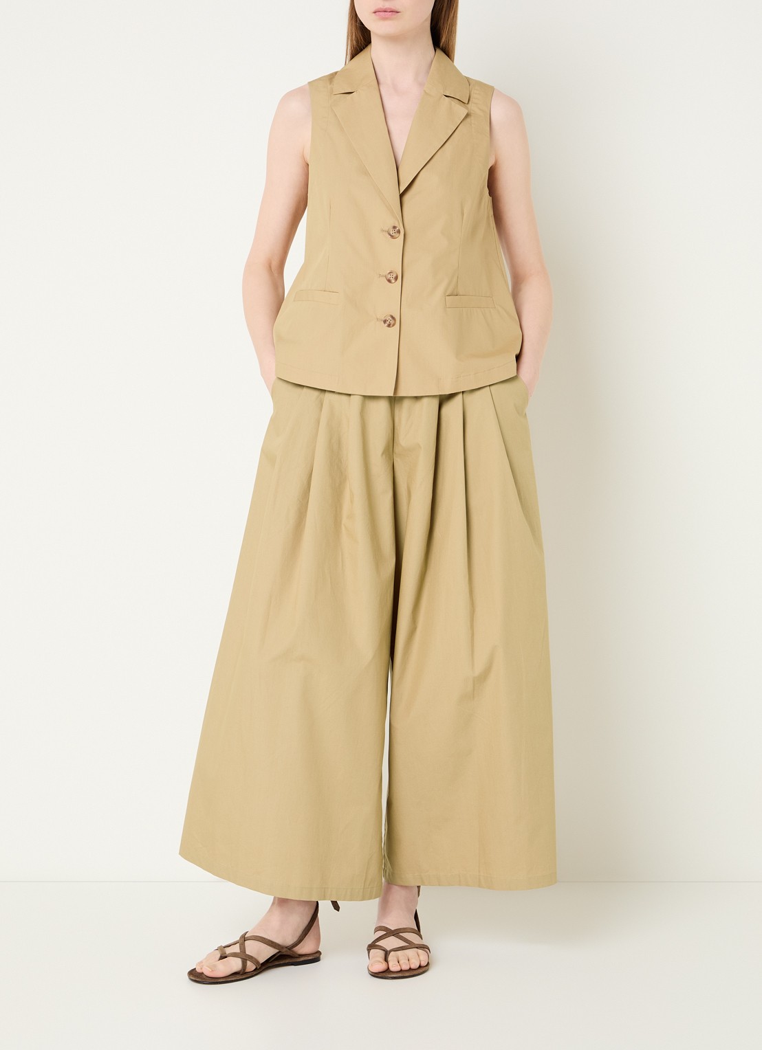 River Woods Poplin mid waist wide fit palazzo broek met steekzakken - voorkant 4 mosterd