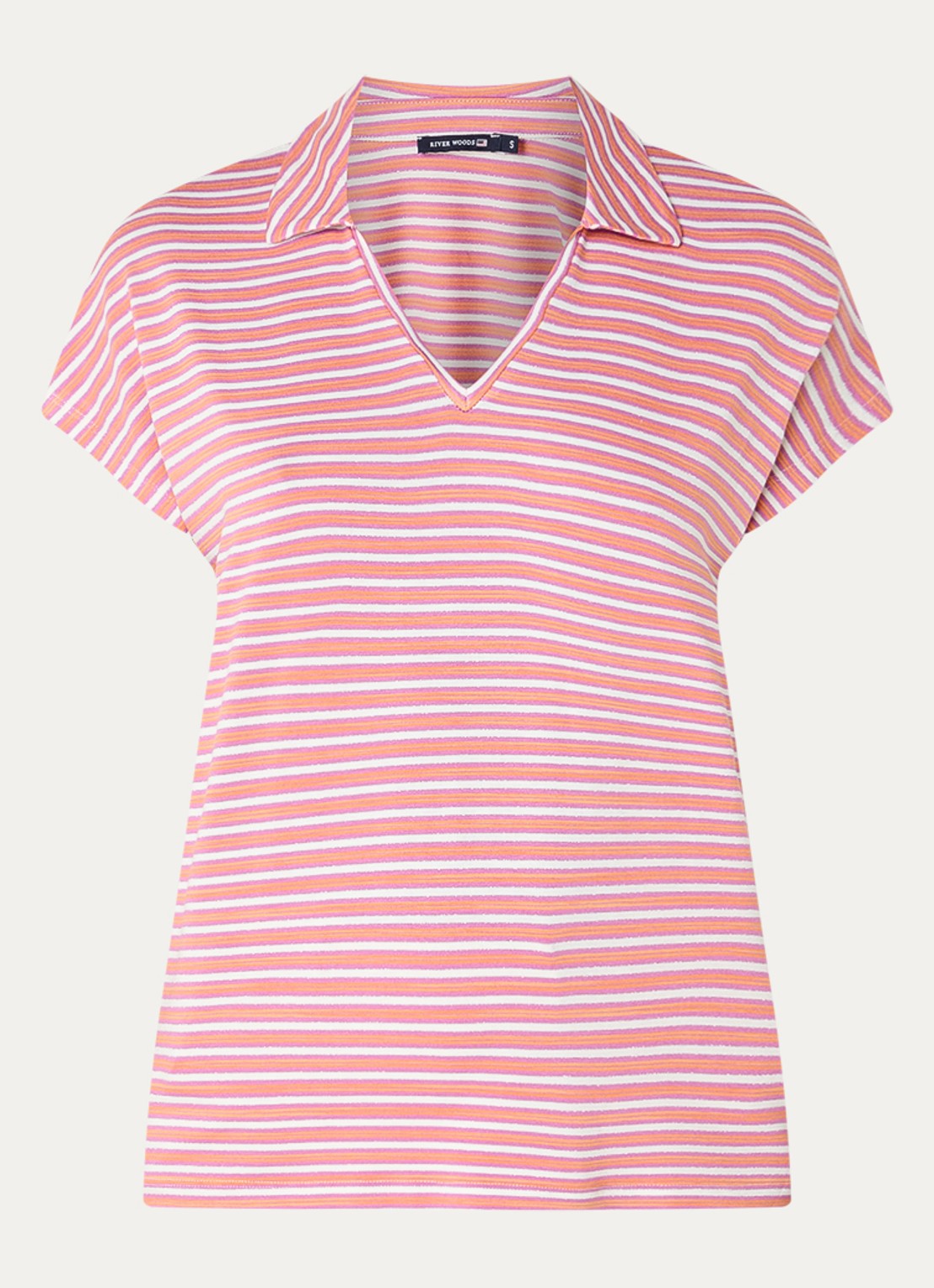 River Woods T-shirt met streepprint en kraag - voorkant donkerroze