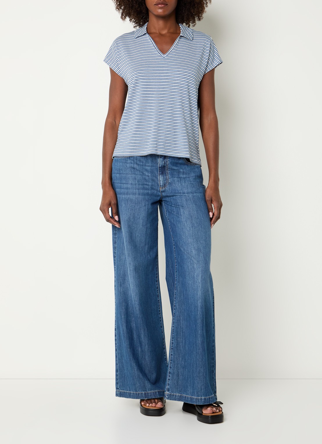 River Woods T-shirt met streepprint en kraag - voorkant 4 indigo