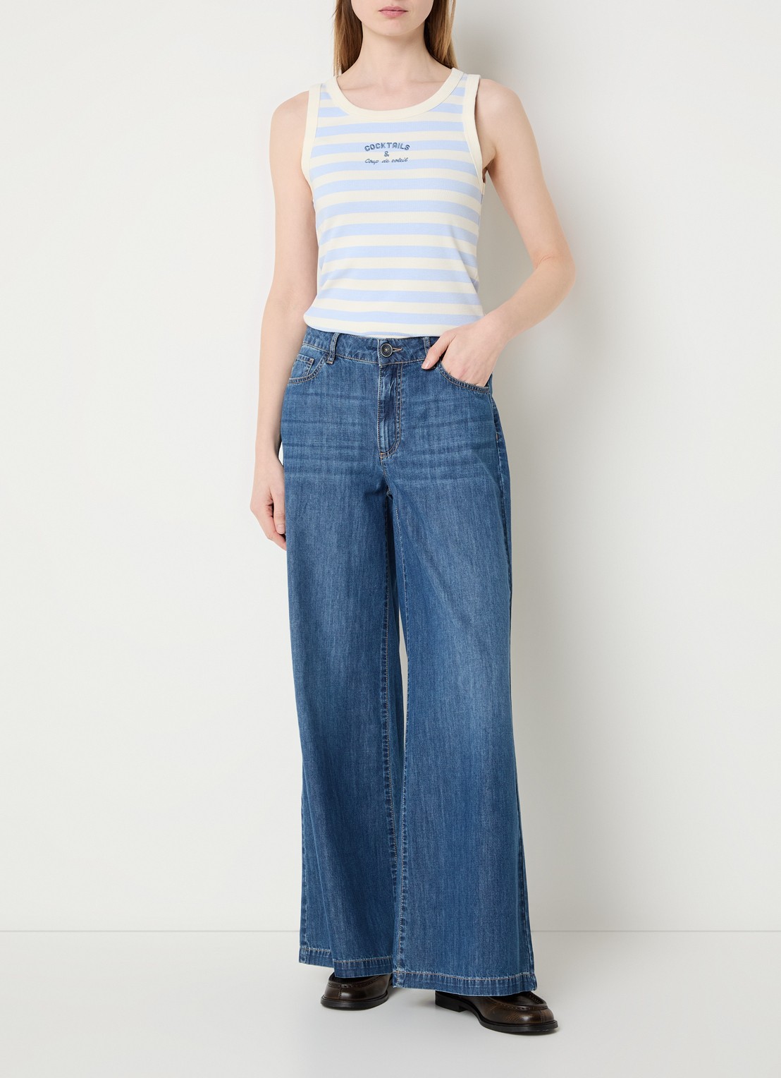 River Woods Tanktop met streepprint en borduring - voorkant 2 lichtblauw