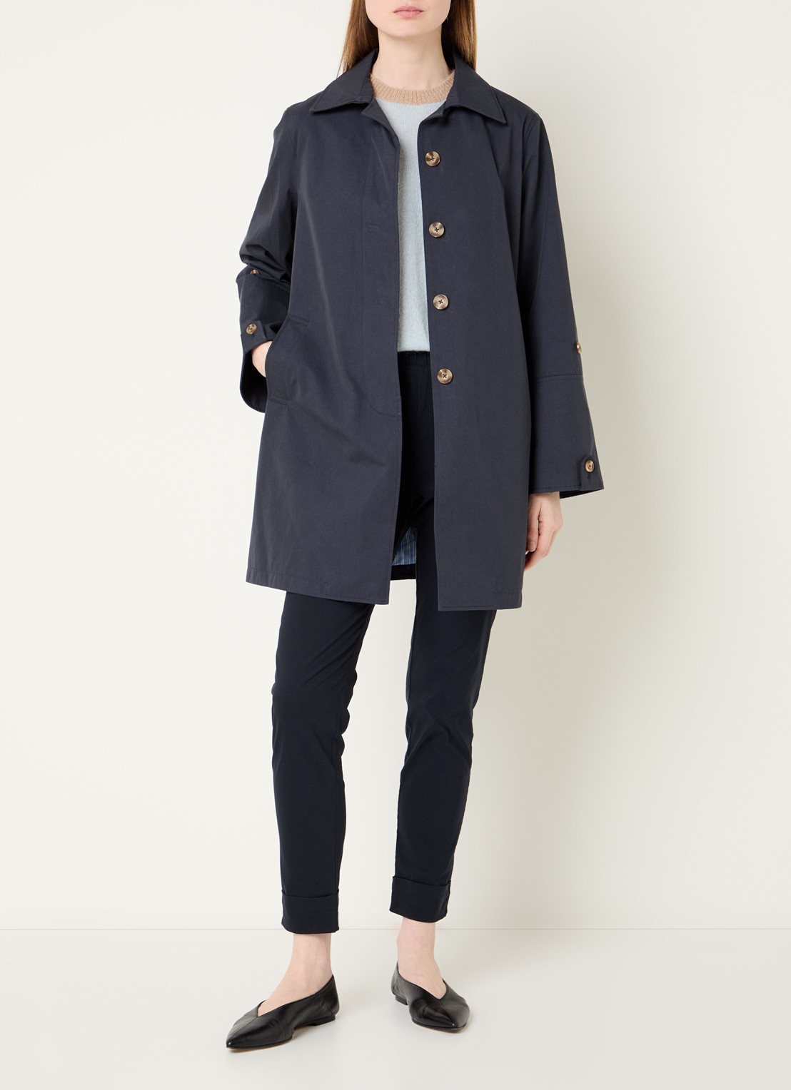 River Woods Trenchcoat met steekzakken - voorkant 4 donkerblauw