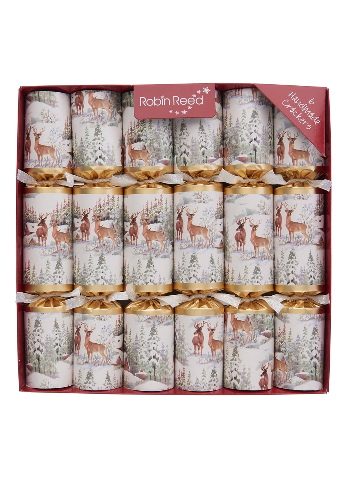Robin Reed Deer Christmas kerstcracker set van 6 - voorkant rood
