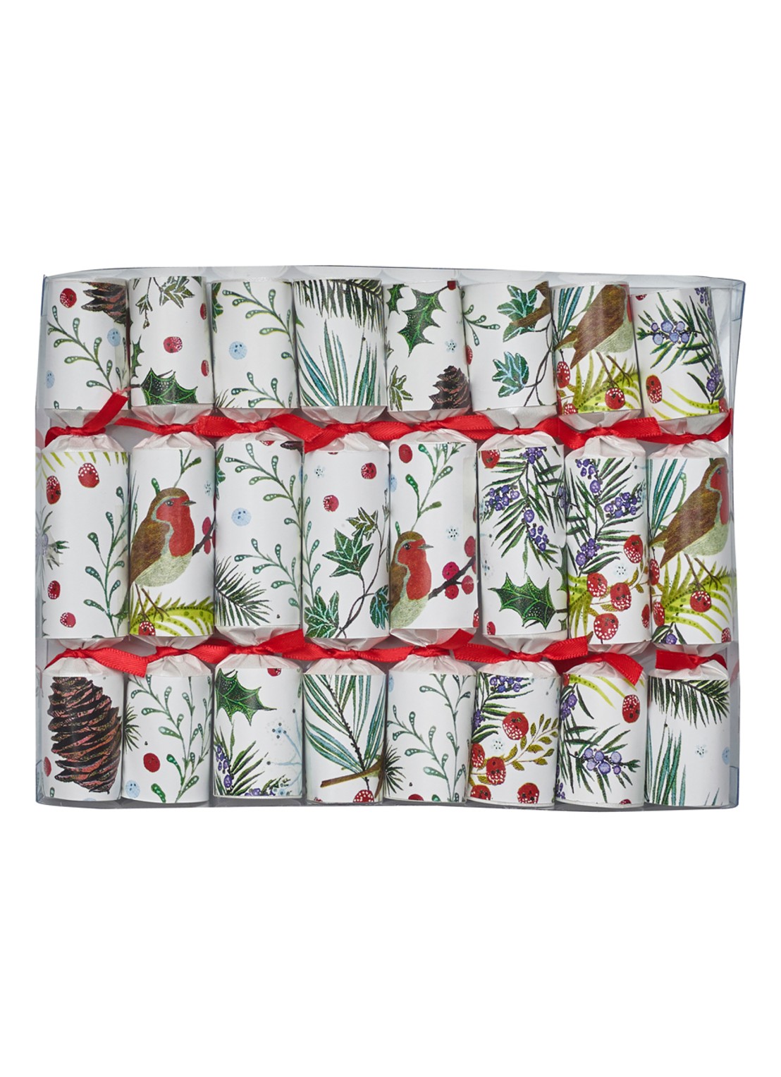 Robin Reed Festive Foliage kerstcracker set van 8 - voorkant wit