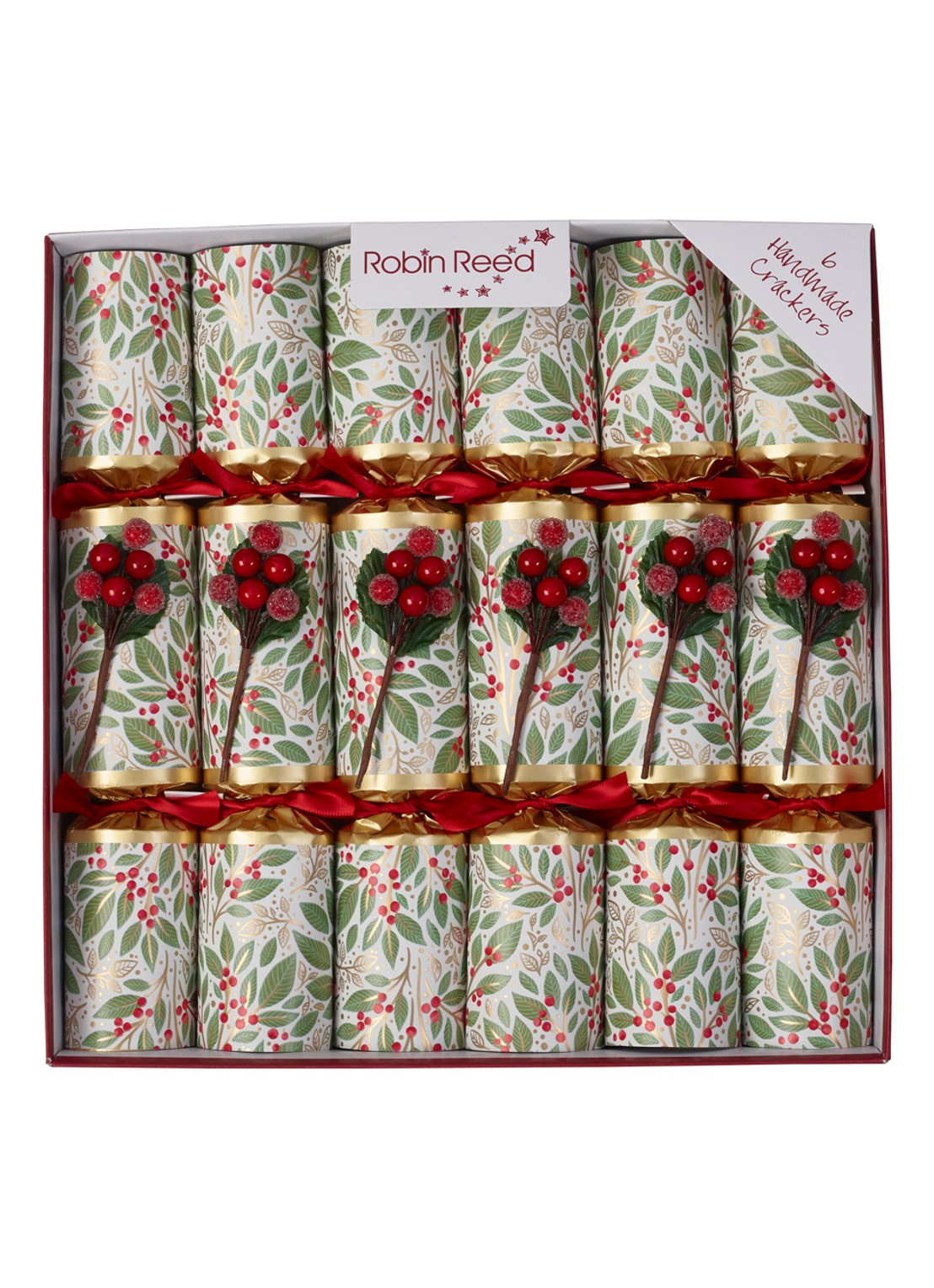 Robin Reed Winter Berry kerstcracker set van 6 - voorkant 3 olijfgroen