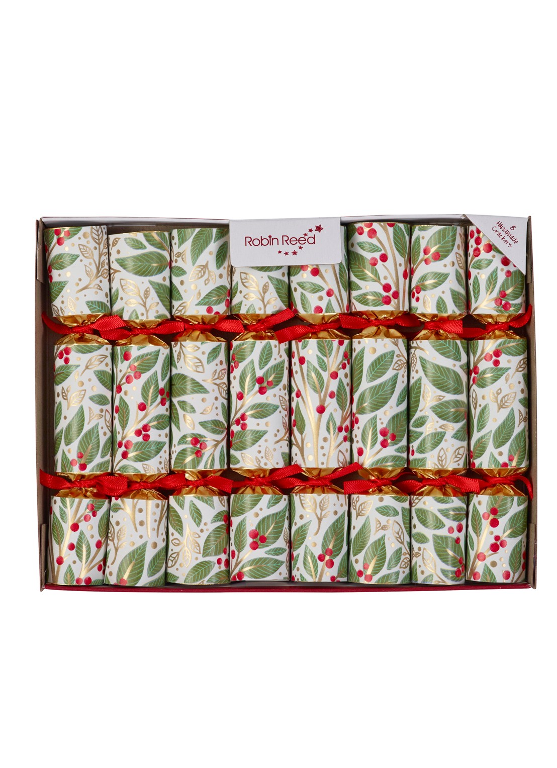 Robin Reed Winterberry kerstcracker set van 8 - voorkant olijfgroen