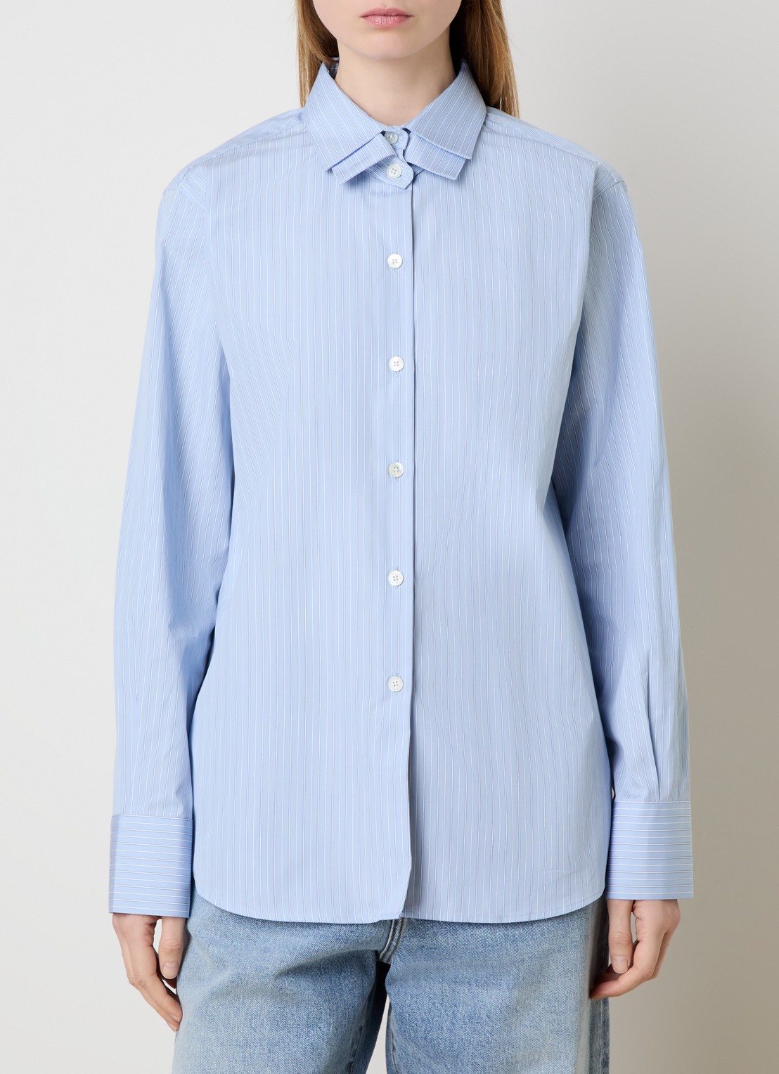 Róhe Blouse met streepprint - detail 2 blauwgrijs