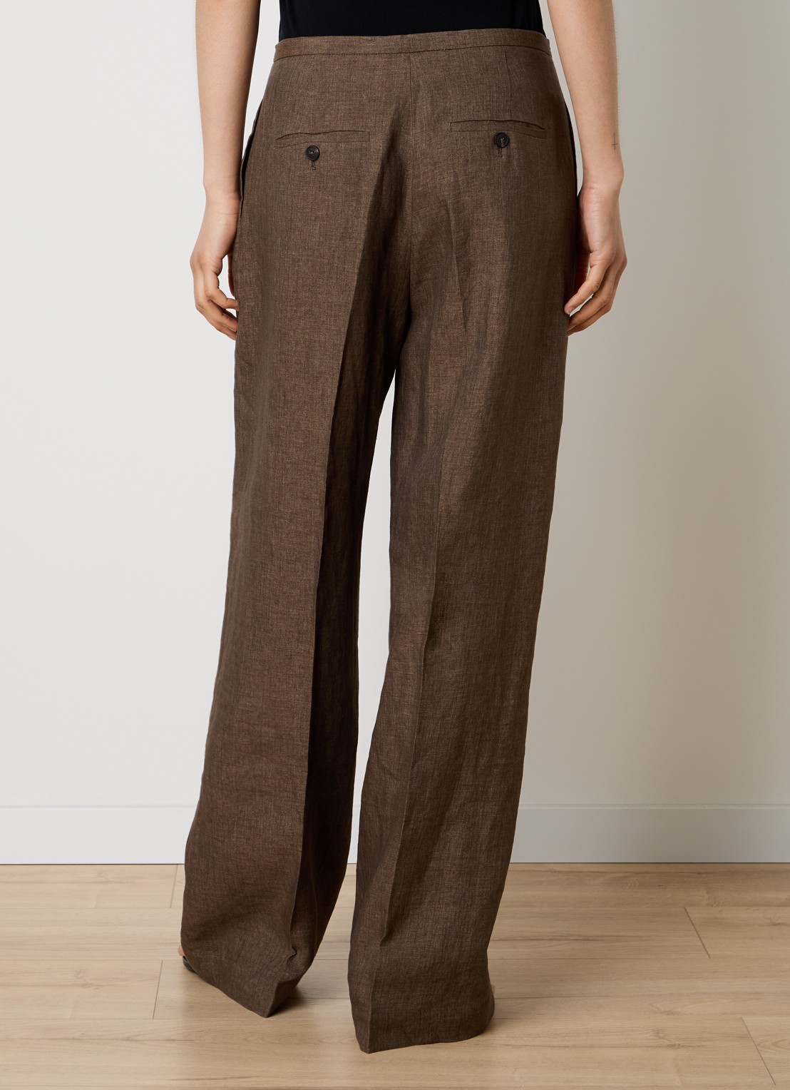 Róhe High waist wide fit pantalon van linnen met strikceintuur - achterkant 3 lichtbruin