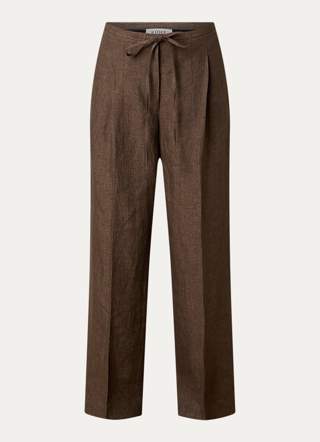 Róhe High waist wide fit pantalon van linnen met strikceintuur - voorkant lichtbruin