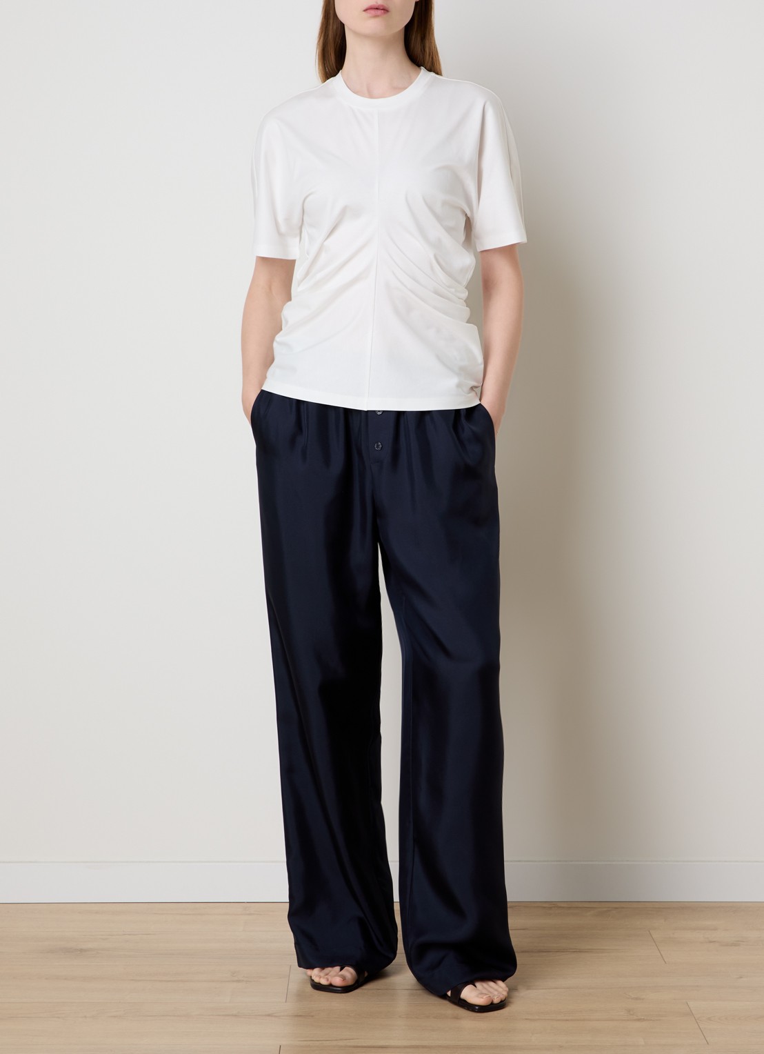 Róhe High waist wide fit pantalon van zijde - voorkant 5 donkerblauw