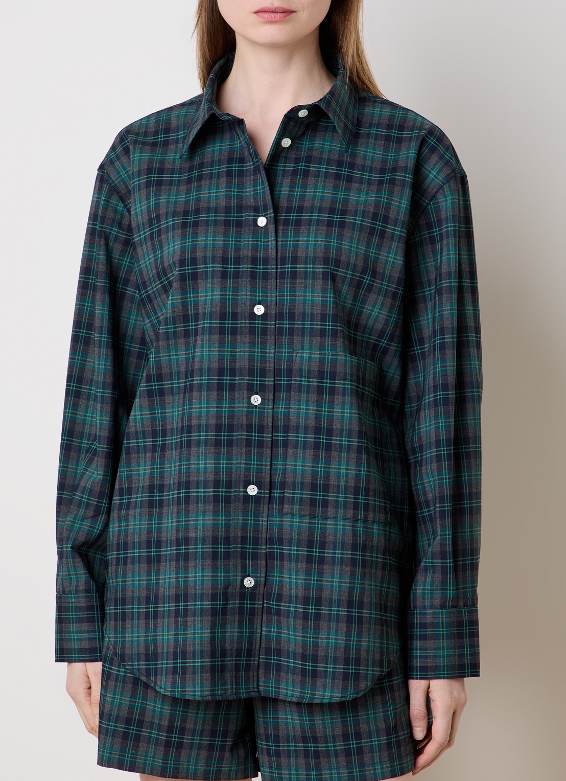 Róhe Oversized blouse in wolblend met ruitdessin - detail groen