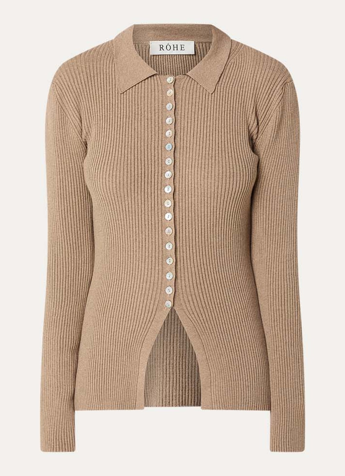 Róhe Ribgebreid vest met kraag - voorkant 3 beige