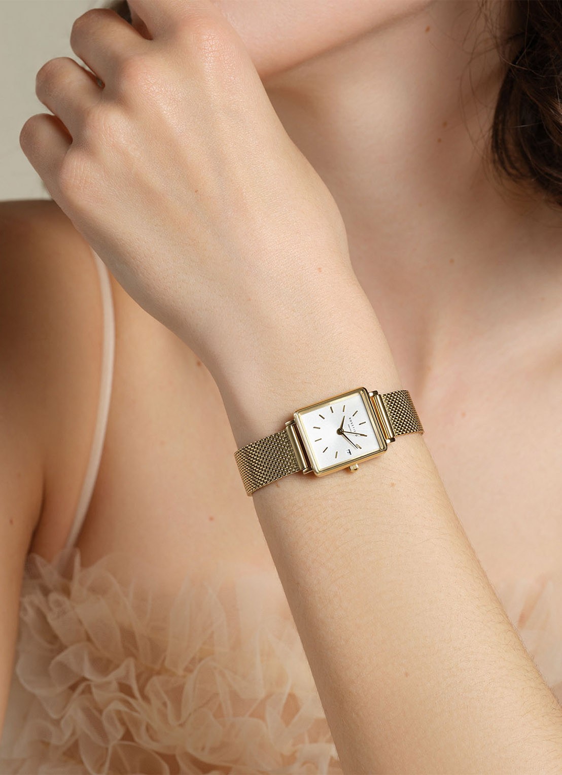 Rosefield The Boxy XS White Sunray Mesh Gold horloge QMWMG-Q039 - voorkant 2 goud
