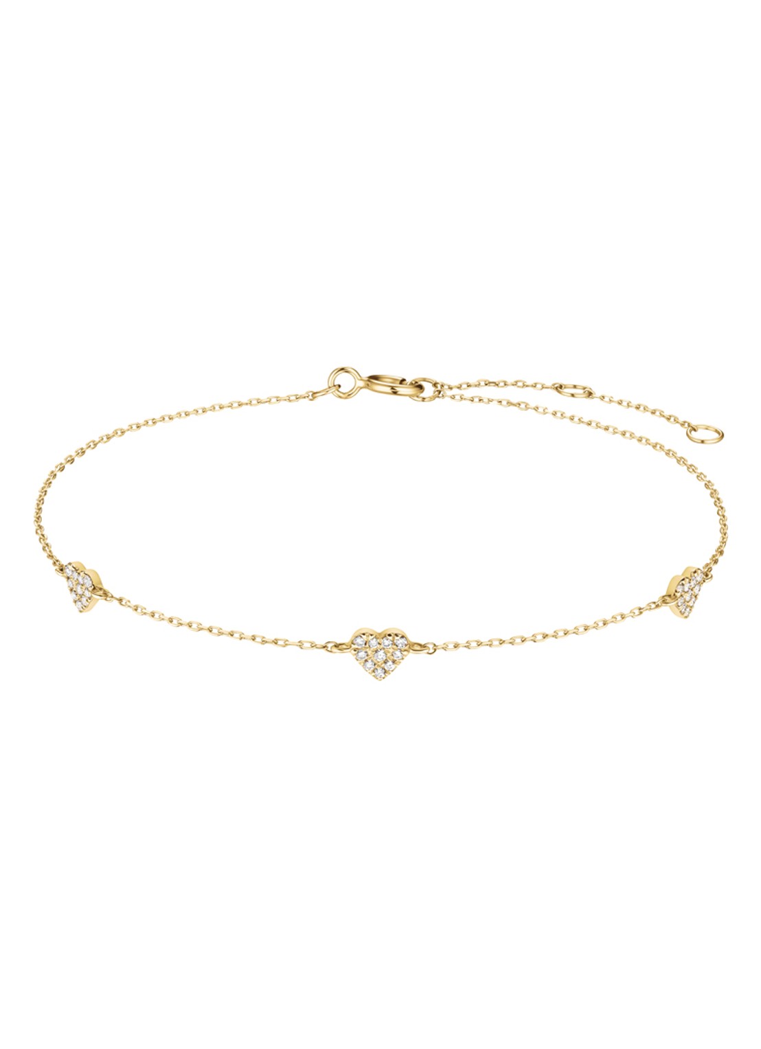 Rosefield Triple Heart Pave armband van 14 karaat geelgoud - voorkant goud