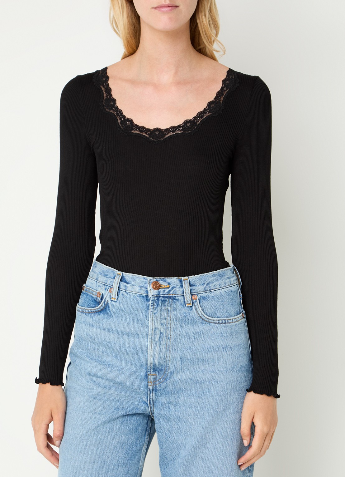 Rosemunde Babette longsleeve in zijdeblend met details van kant - detail 3 zwart