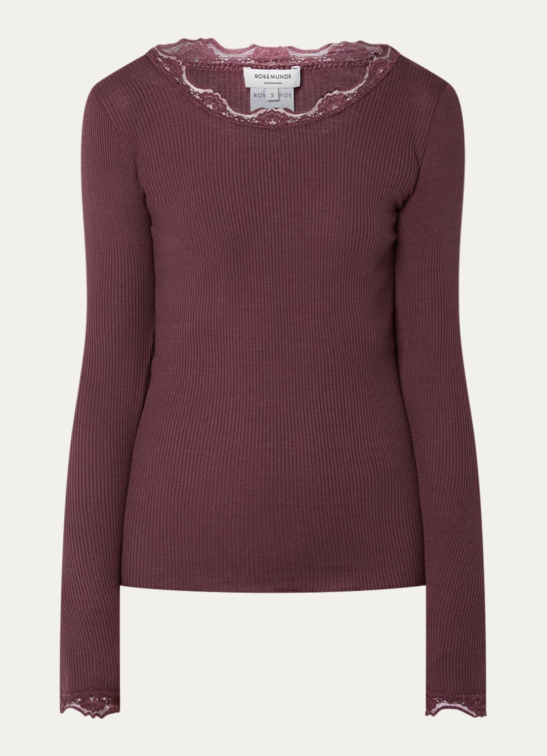 Rosemunde Babette longsleeve in zijdeblend met kant - voorkant 2 kastanjebruin