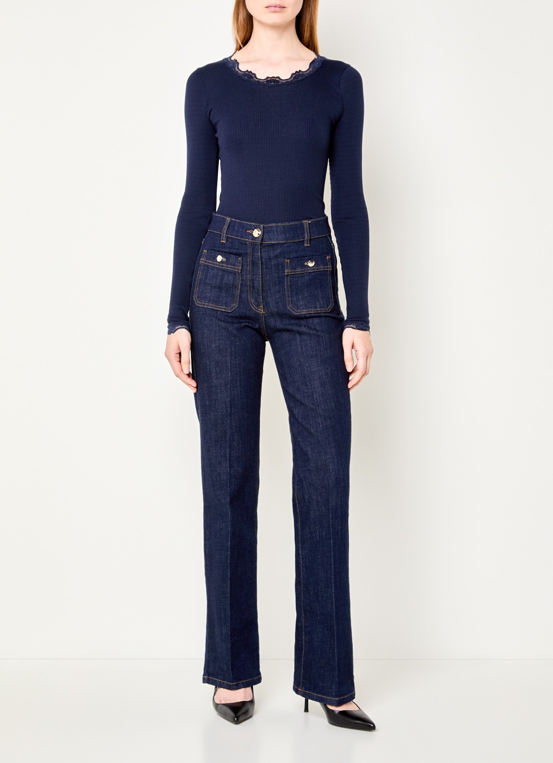 Rosemunde Babette longsleeve in zijdeblend met kant - voorkant 4 donkerblauw