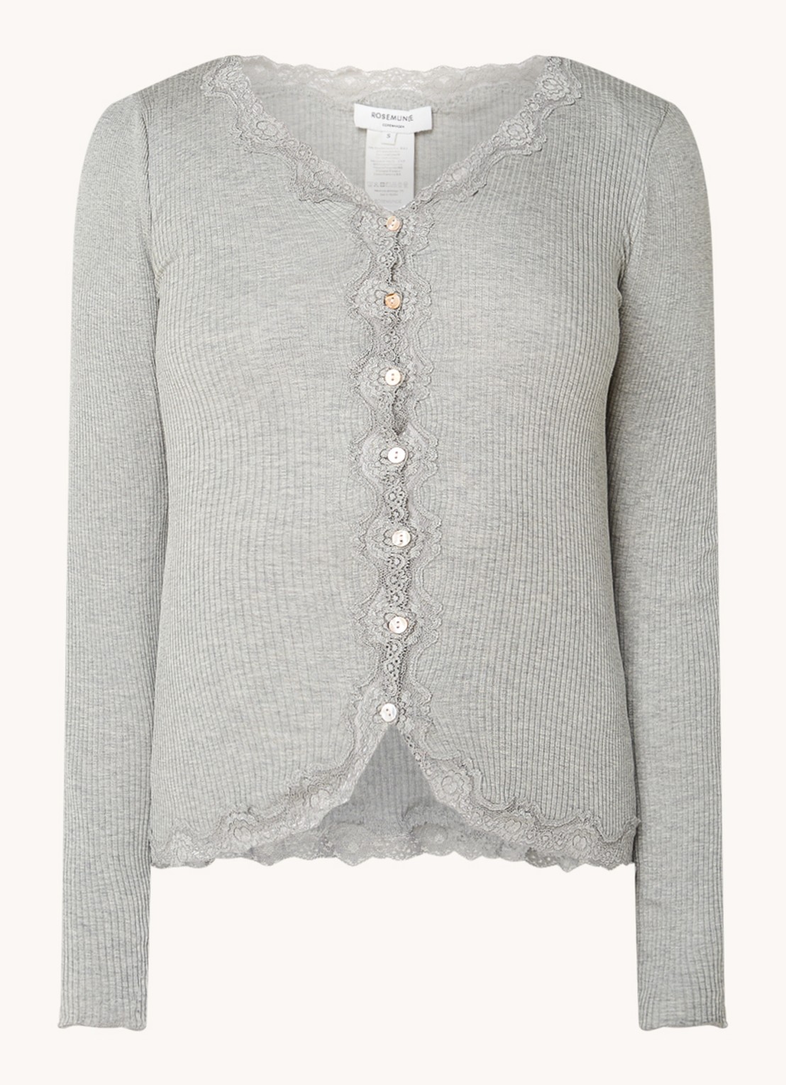 Rosemunde Babette ribgebreid vest in zijdeblend met details van kant - voorkant 2 lichtgrijs