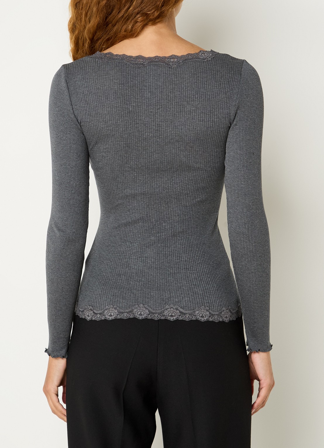 Rosemunde Babette ribgebreid vest in zijdeblend met details van kant - achterkant donkergrijs