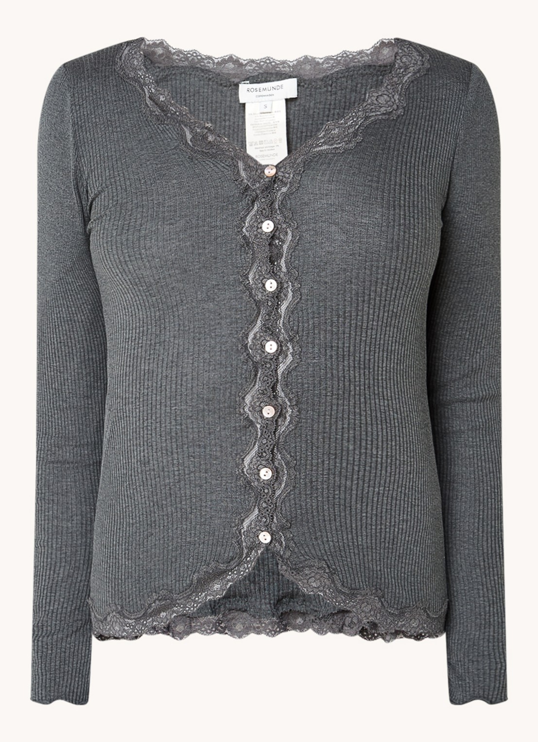 Rosemunde Babette ribgebreid vest in zijdeblend met details van kant - voorkant 3 donkergrijs