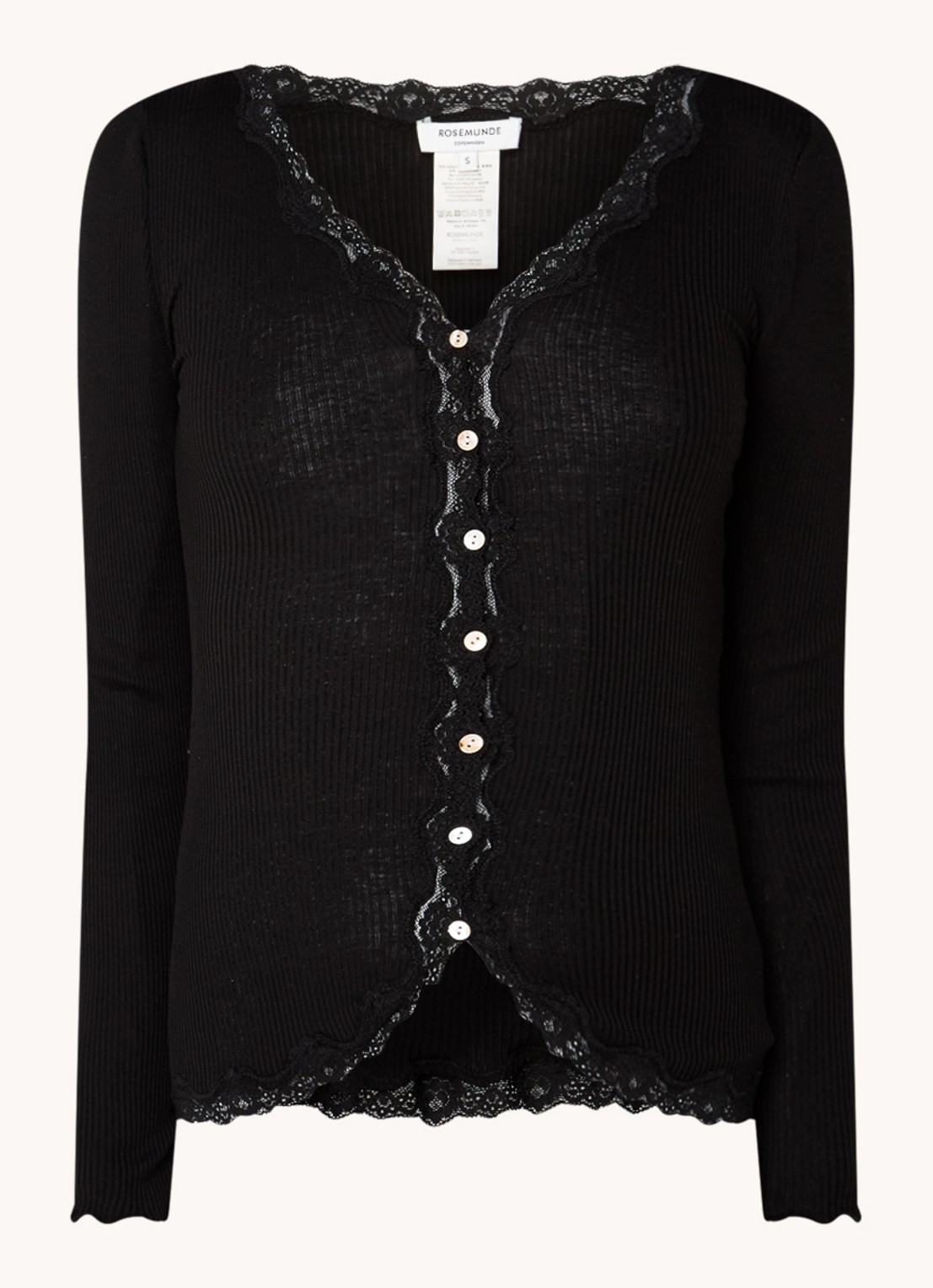 Rosemunde Babette ribgebreid vest in zijdeblend met details van kant - voorkant zwart