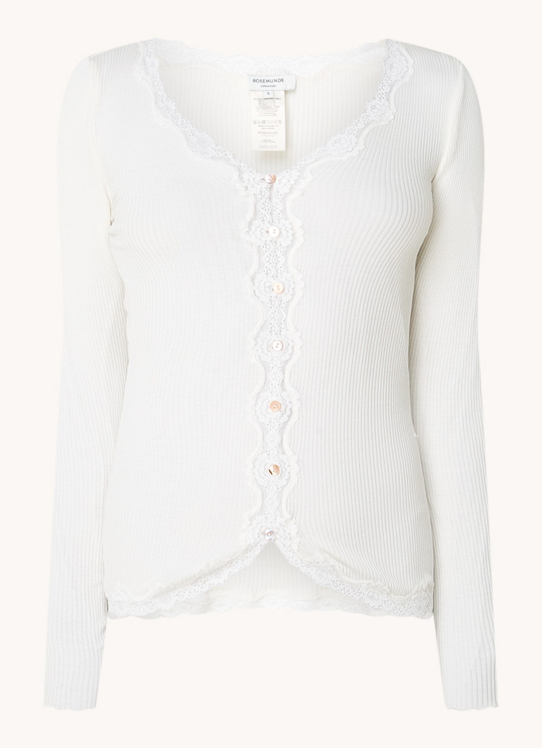 Rosemunde Babette ribgebreid vest in zijdeblend met details van kant - voorkant 3 gebroken wit