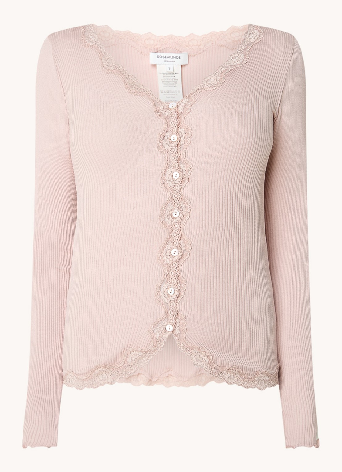 Rosemunde Babette ribgebreid vest in zijdeblend met details van kant - voorkant 2 lichtroze
