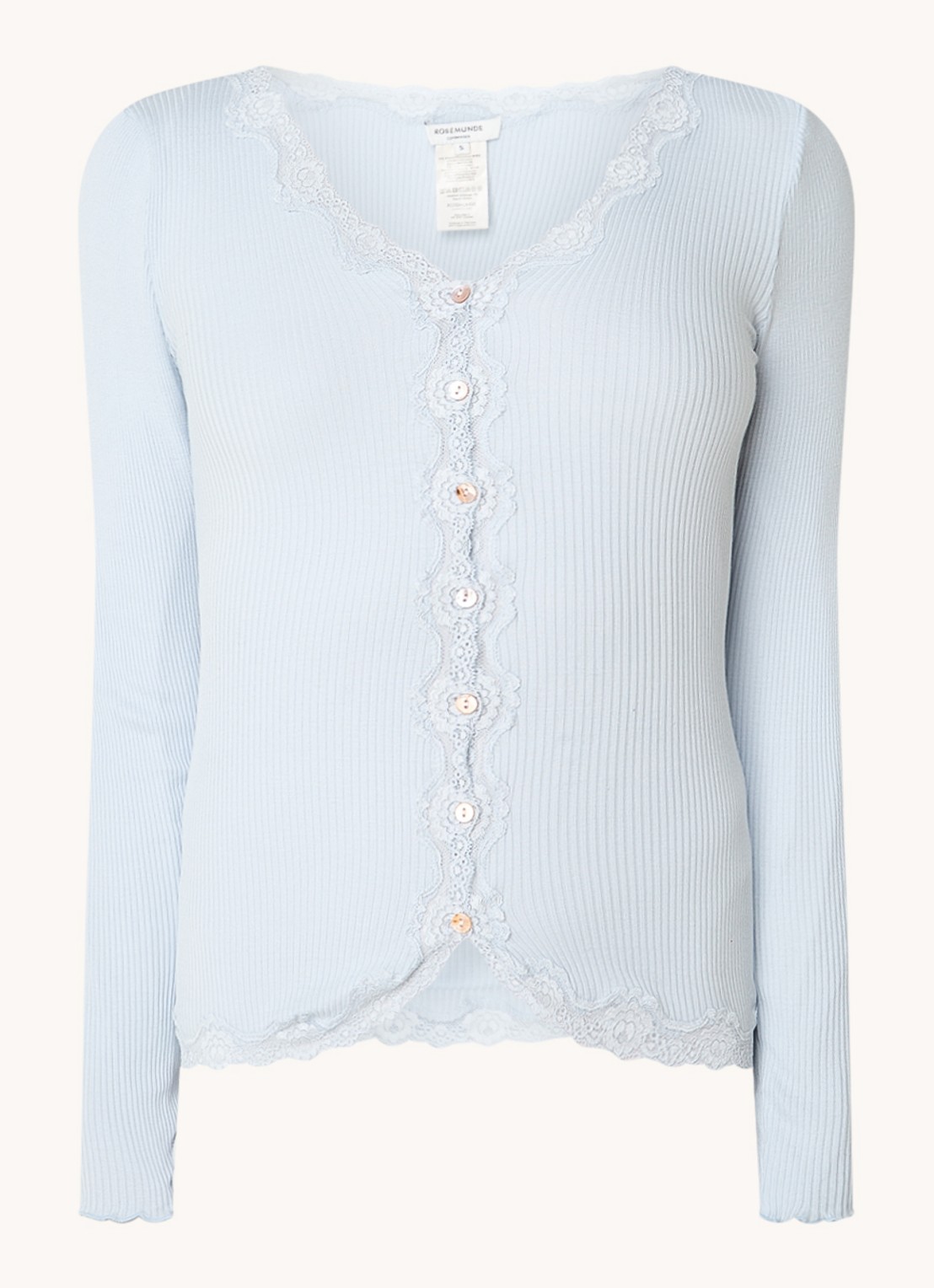 Rosemunde Babette ribgebreid vest in zijdeblend met details van kant - voorkant lichtblauw