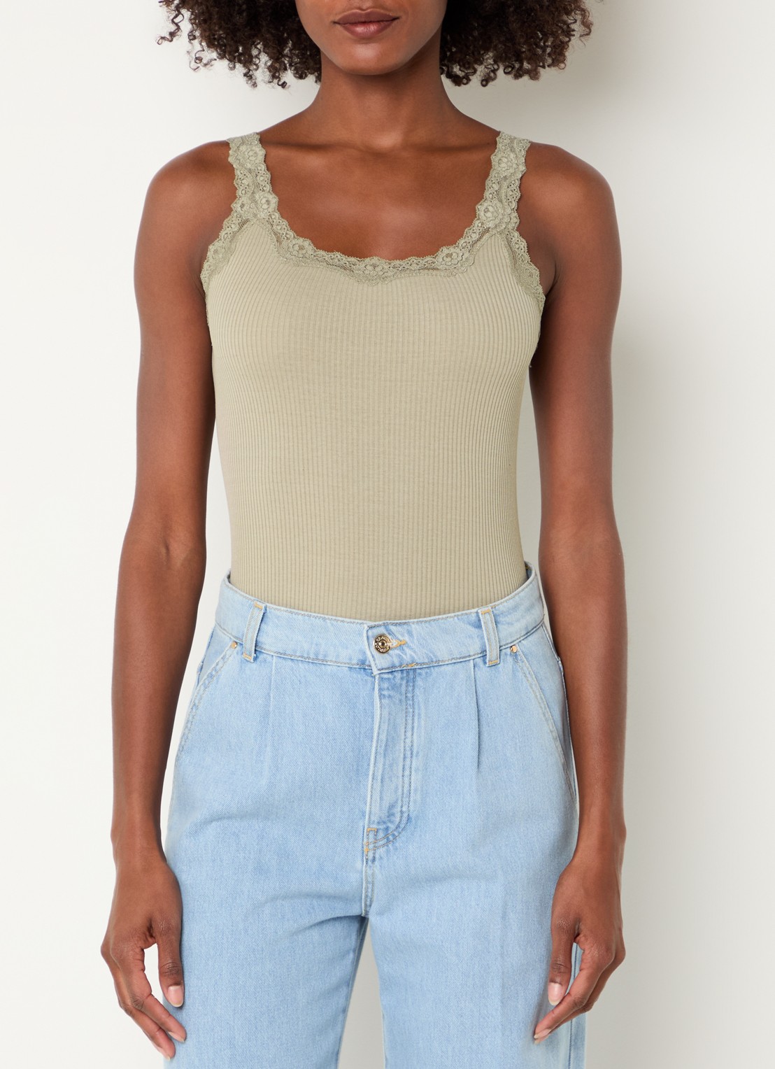 Rosemunde Babette tanktop in zijdeblend met kant - detail 4 olijfgroen