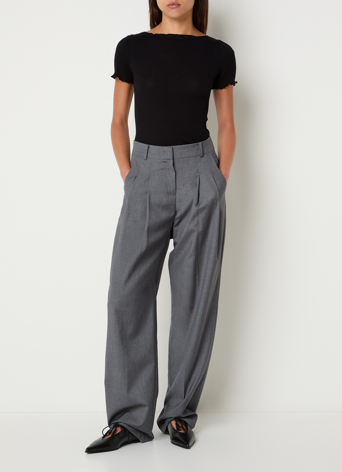 Rosemunde Balta T-shirt met ribstructuur en boothals - voorkant 3 zwart