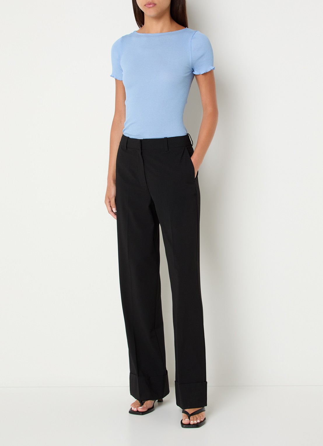 Rosemunde Balta T-shirt met ribstructuur en boothals - voorkant 2 blauwgrijs