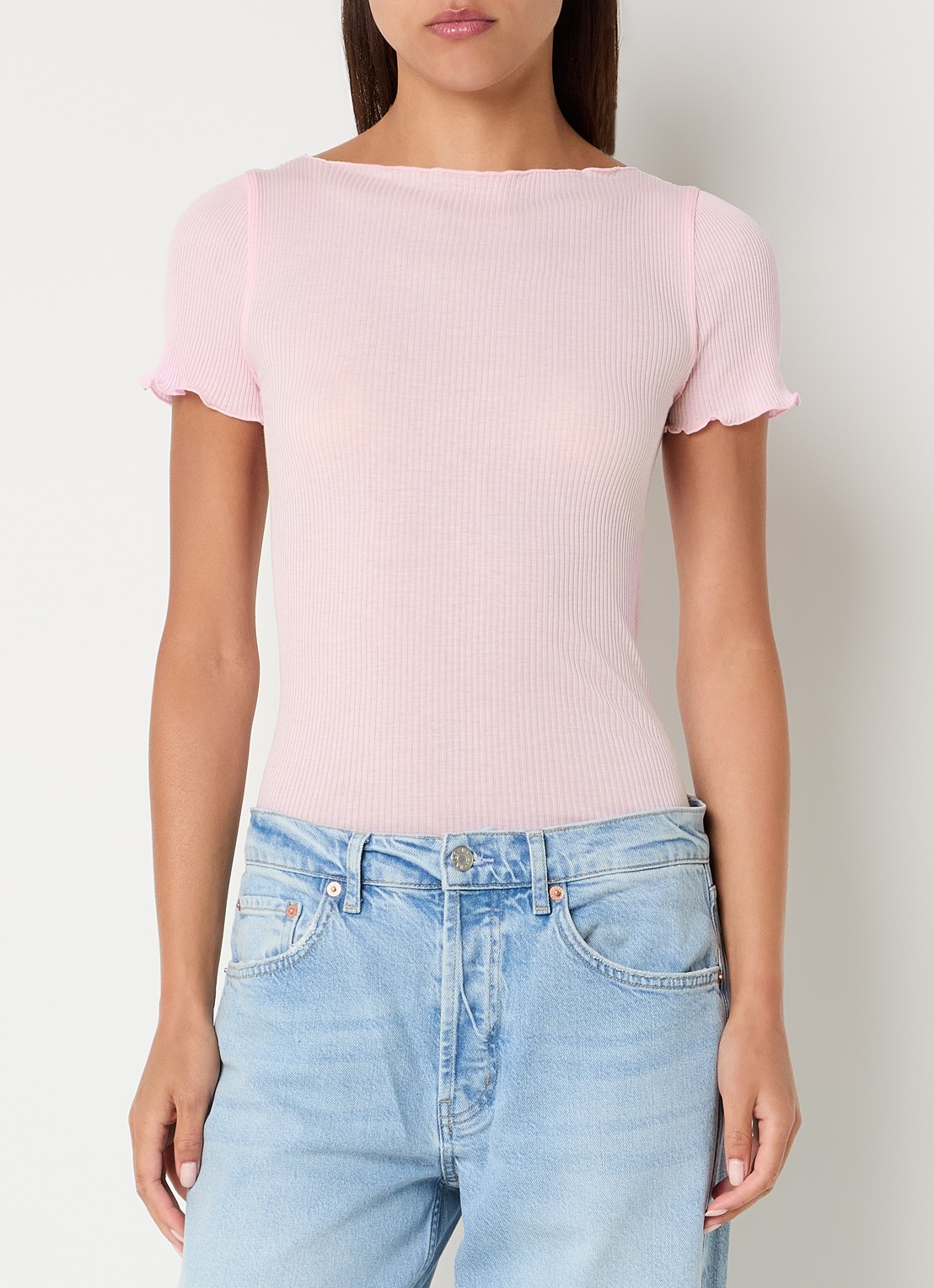Rosemunde Balta T-shirt met ribstructuur en boothals - detail 2 lichtroze