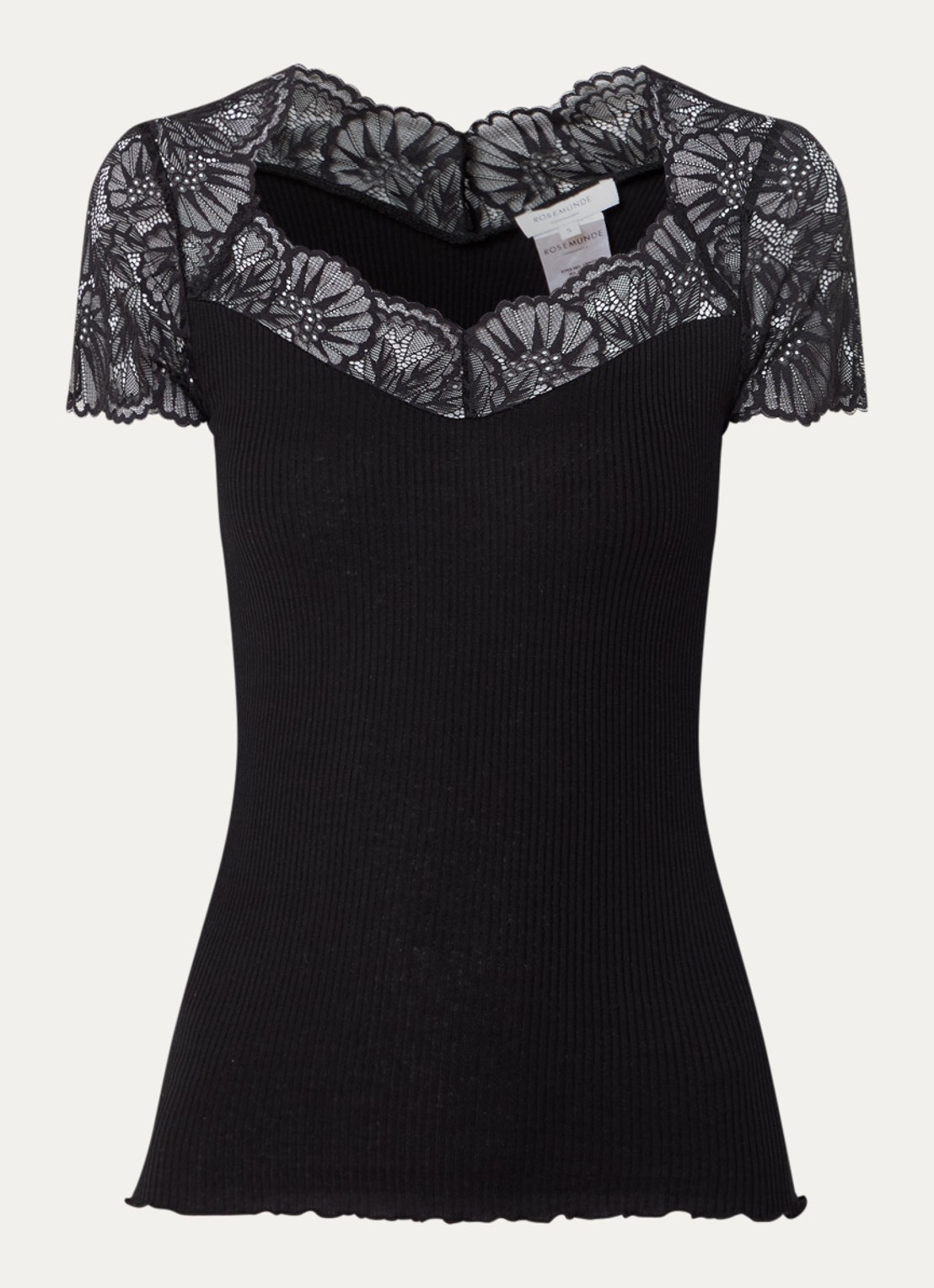 Rosemunde Beatha ribgebreide top in zijdeblend met details van kant - voorkant 2 zwart