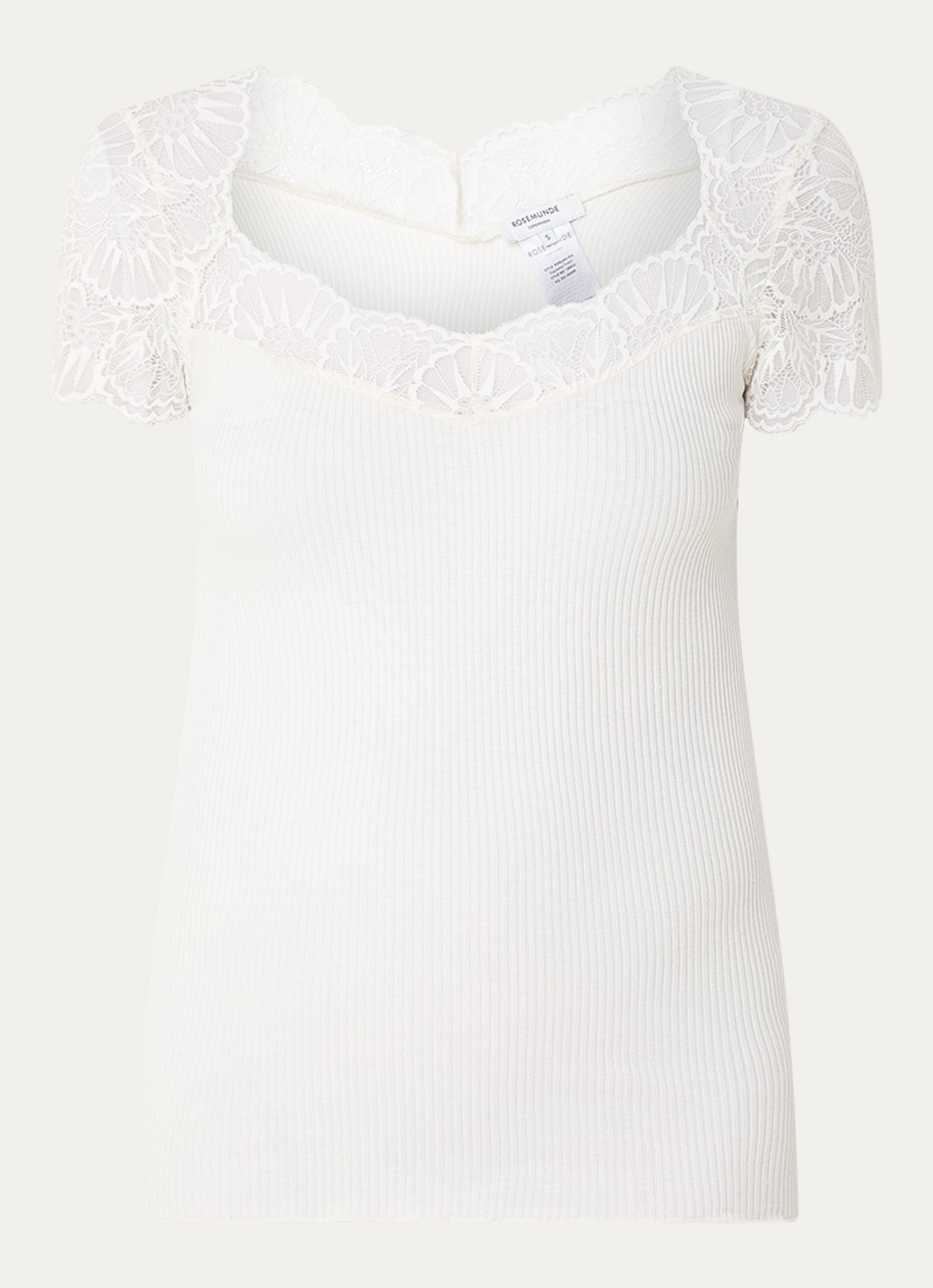 Rosemunde Beatha ribgebreide top in zijdeblend met details van kant - voorkant 3 gebroken wit
