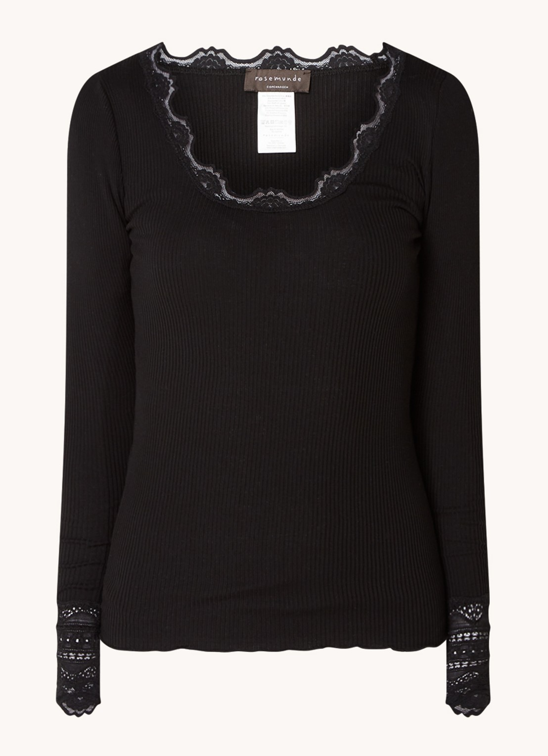 Rosemunde Longsleeve in zijdeblend met structuur en details van kant - voorkant zwart