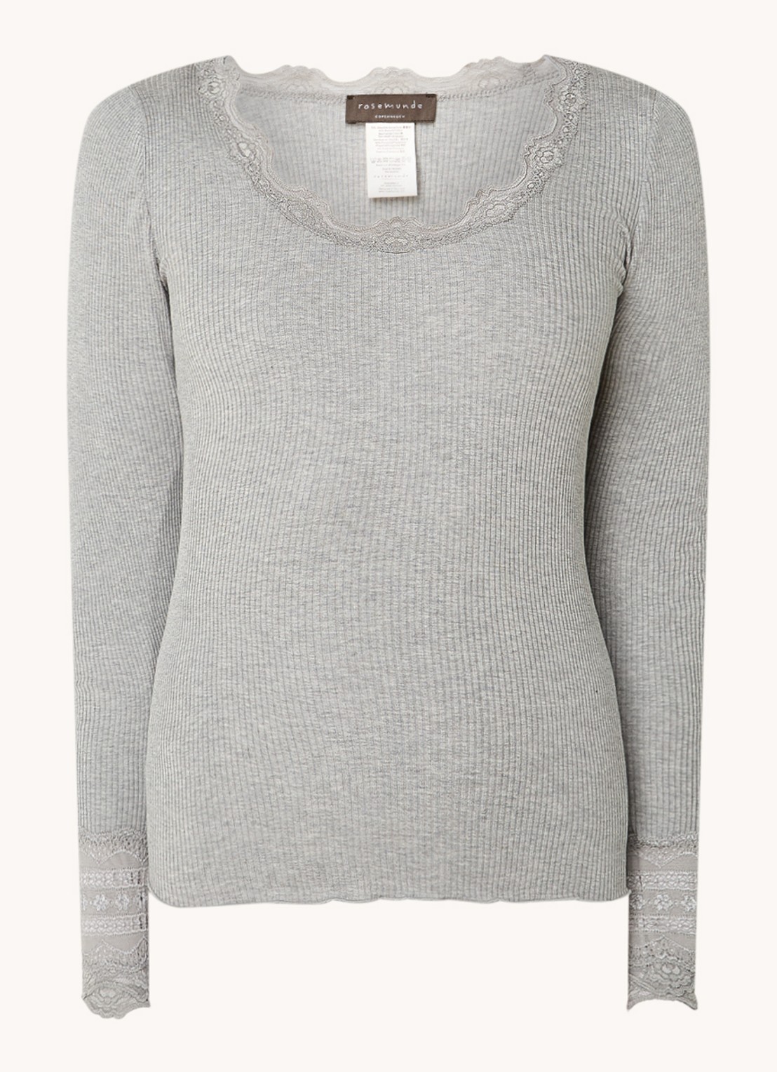 Rosemunde Longsleeve in zijdeblend met structuur en details van kant - voorkant 2 lichtgrijs