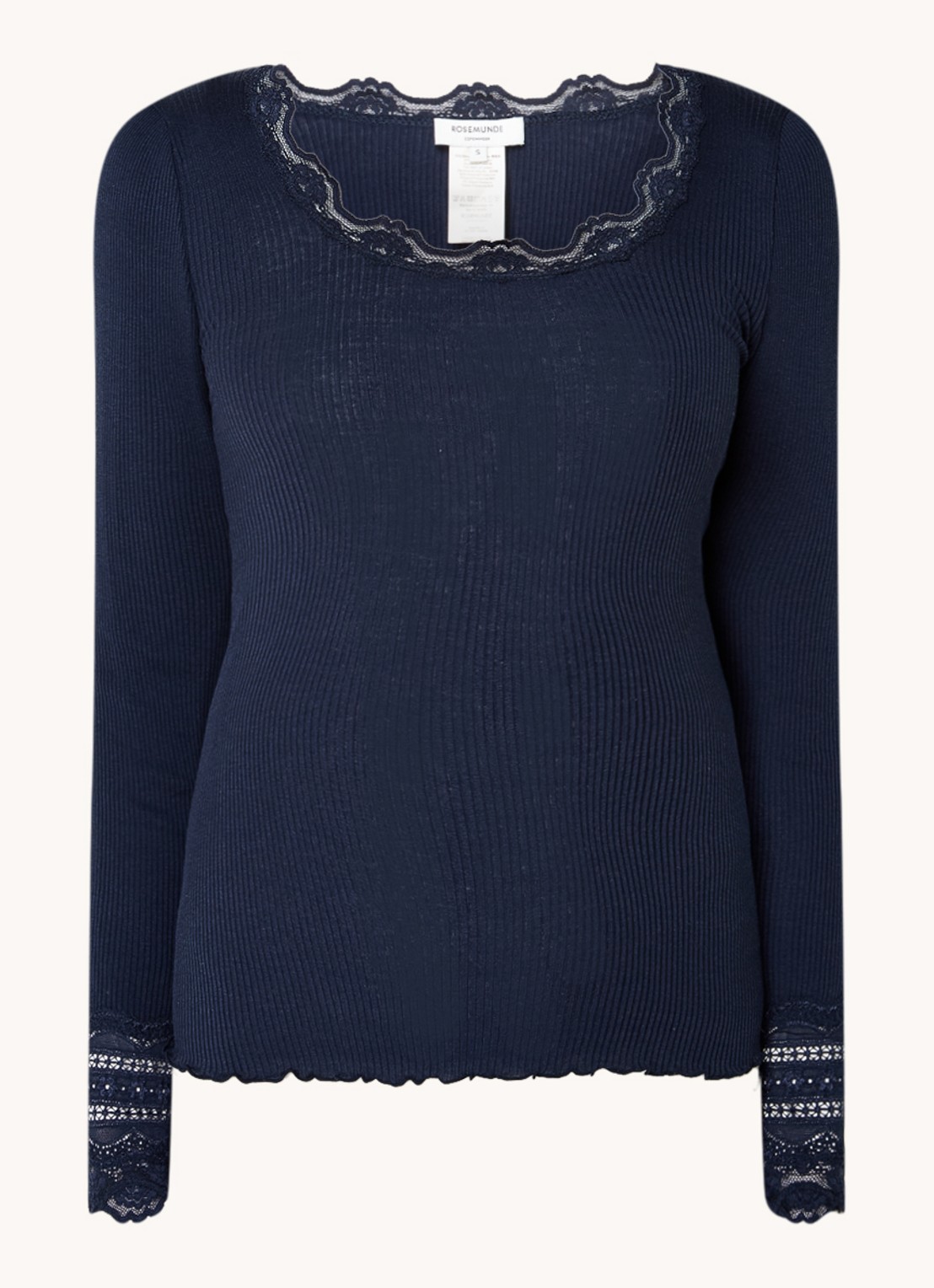 Rosemunde Longsleeve in zijdeblend met structuur en details van kant - voorkant 2 donkerblauw